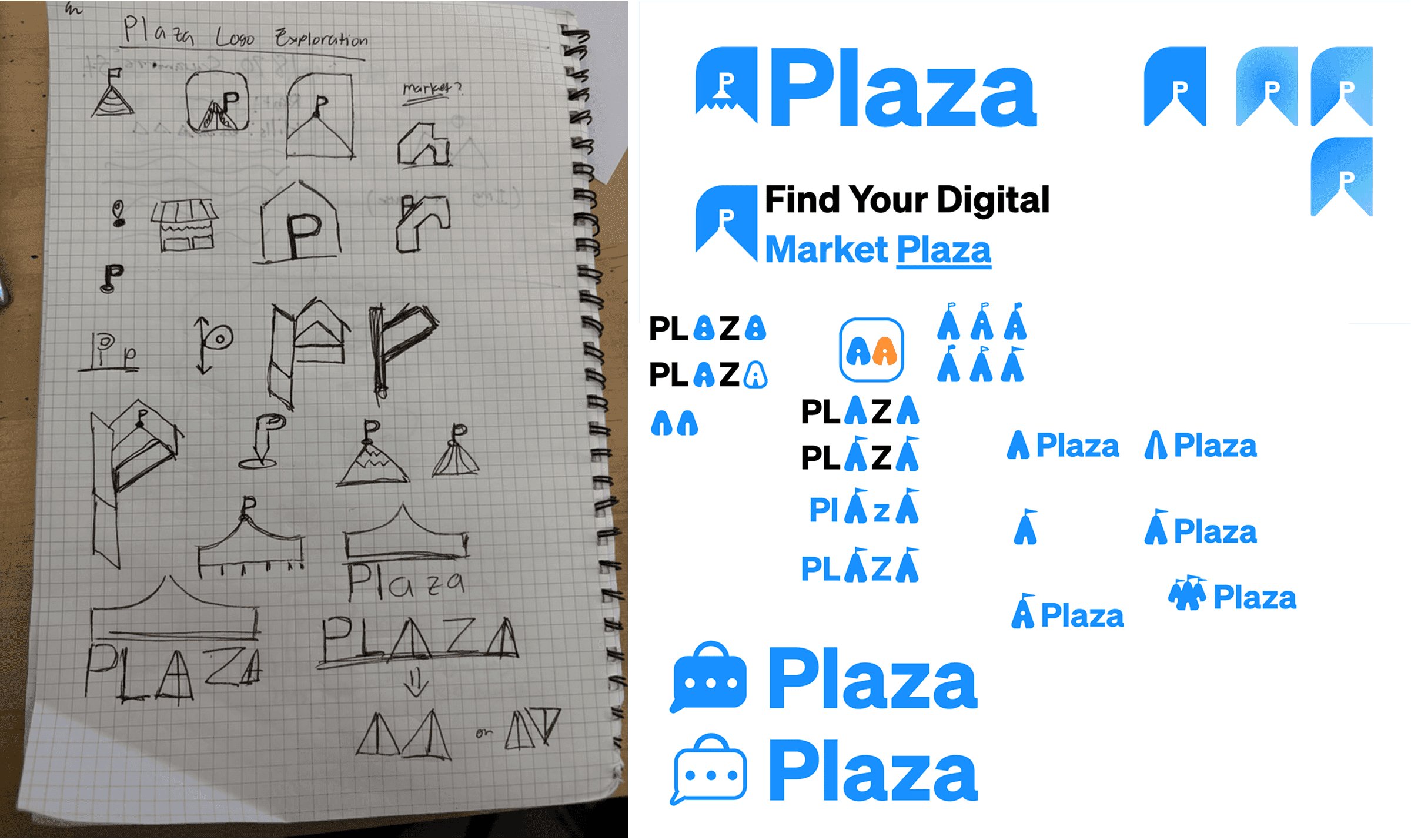 Hand-drawn logo sketches beside blue Plaza wordmark explorations