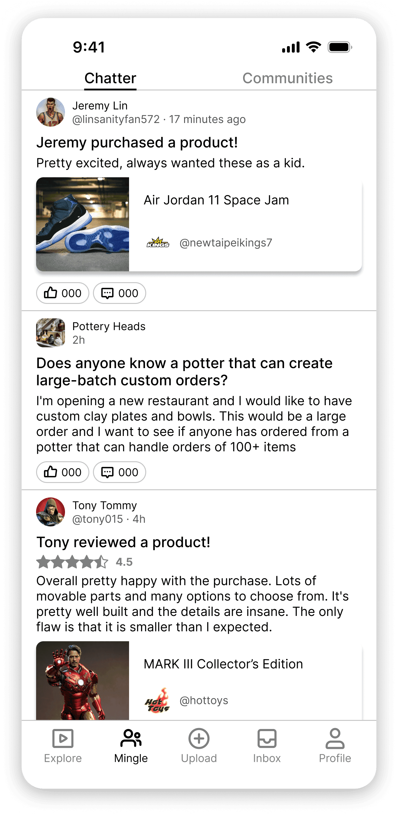 The original Chatter feed of purchases, questions and reviews