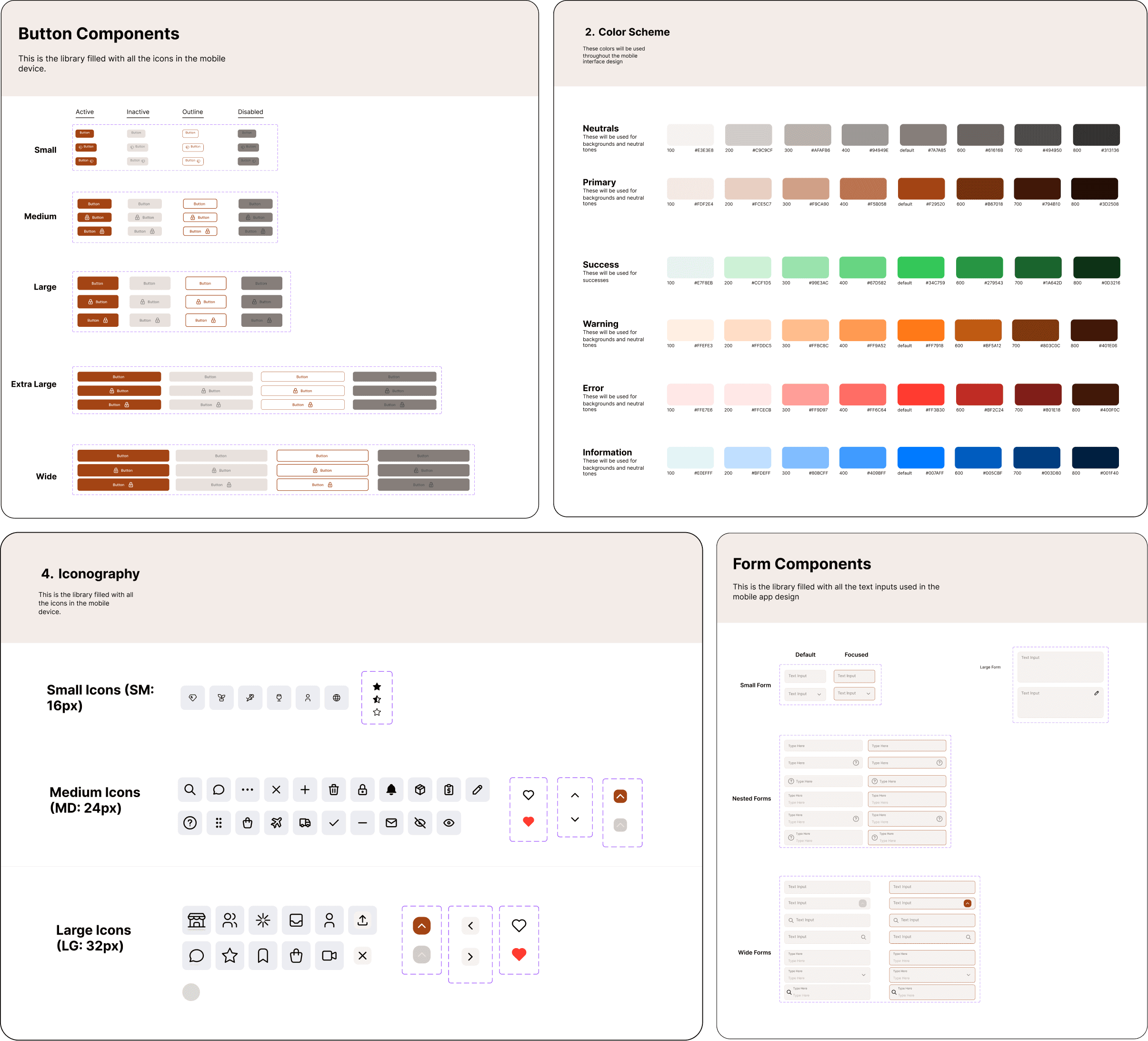 Plaza design system: button components, color scheme, iconography and form components