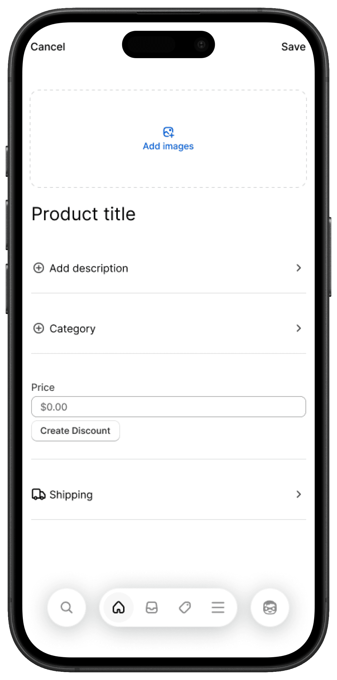 Add a product form with images, title, category, price and shipping