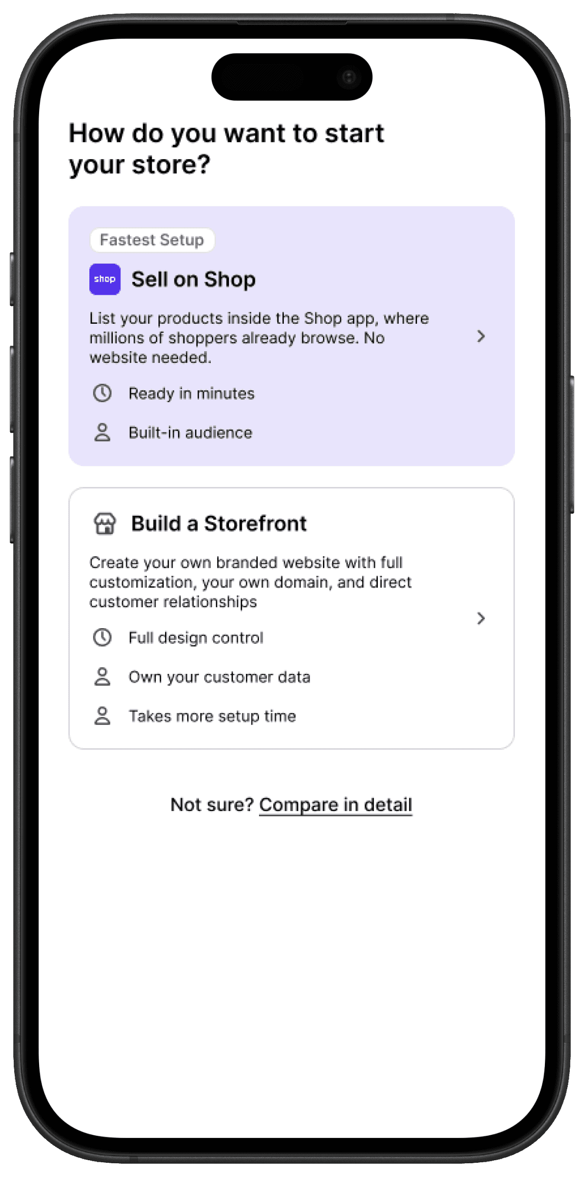 Onboarding choice between Sell on Shop and building a full storefront