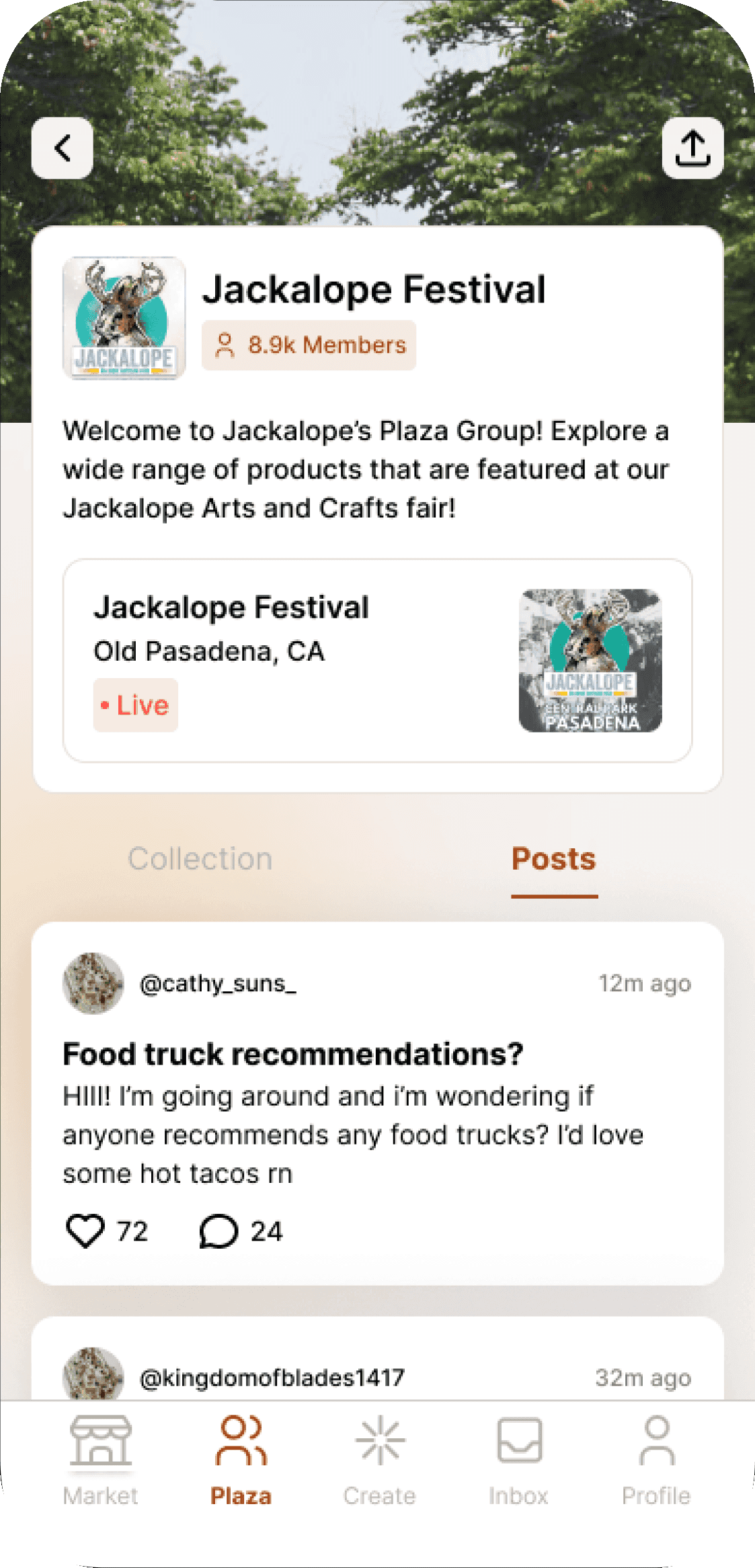 Plaza's Jackalope Festival group page with community posts