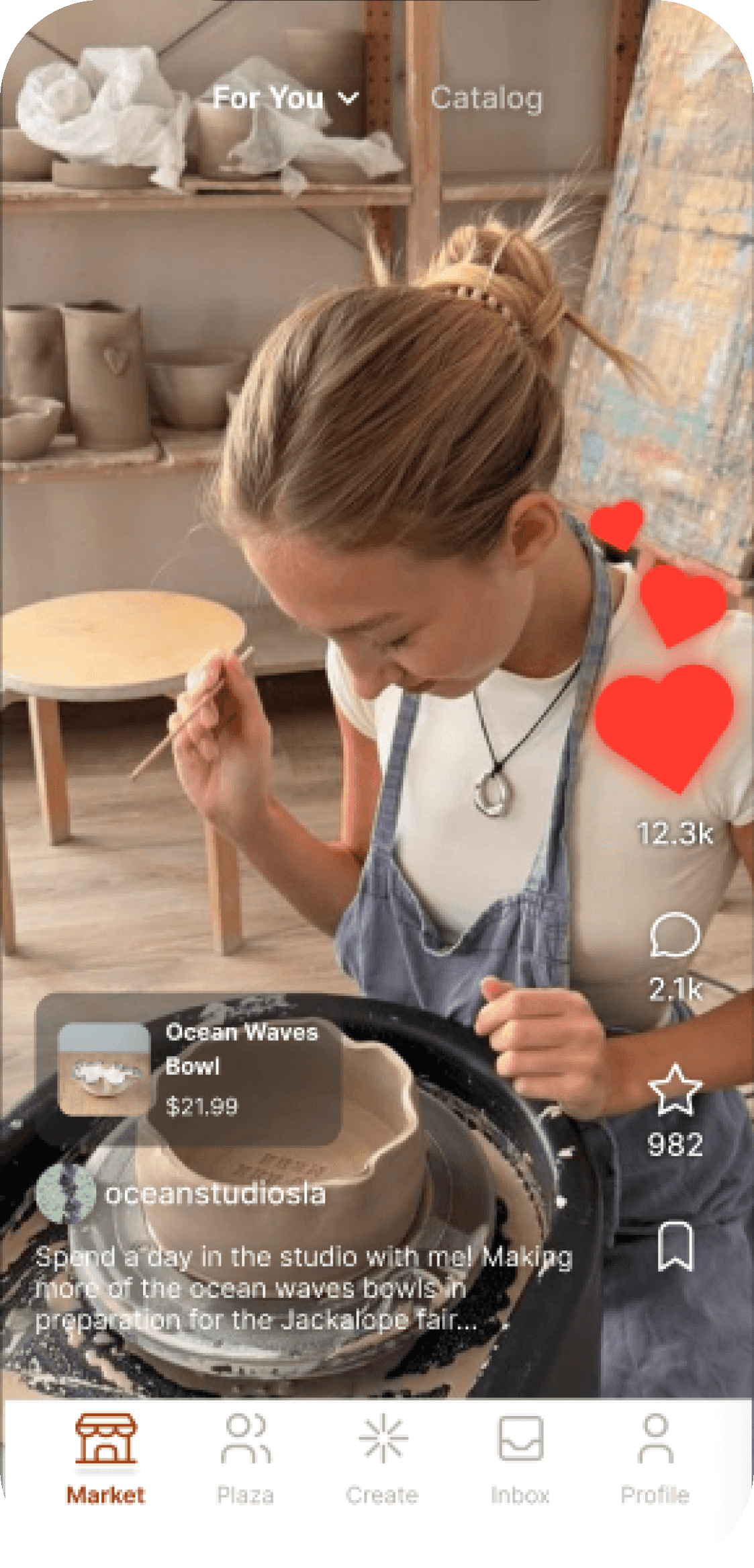 Plaza's For You feed playing a short video of a ceramicist at the wheel