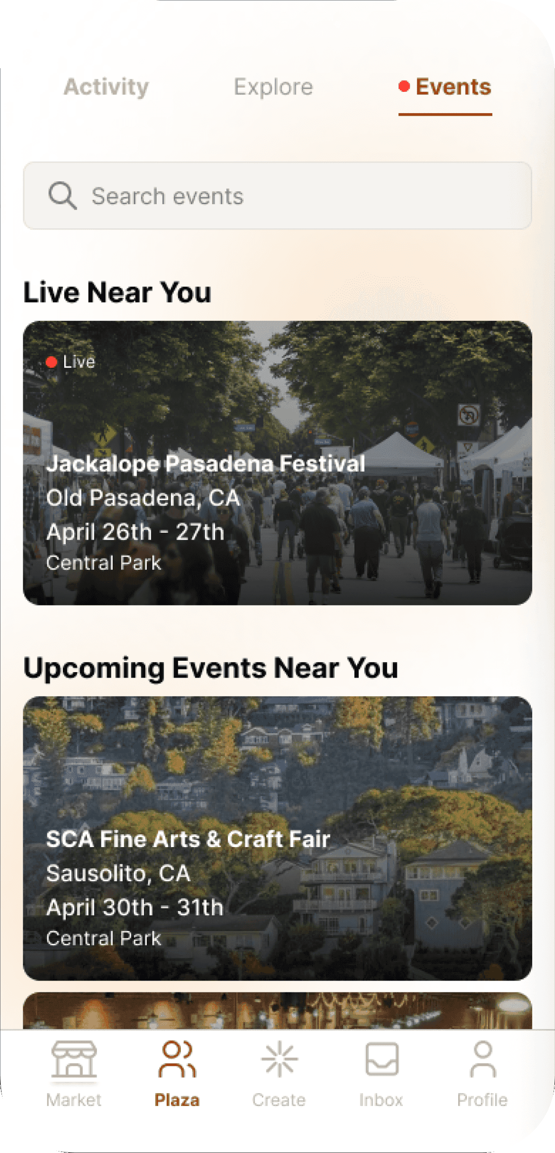 Events tab listing live and upcoming festivals nearby