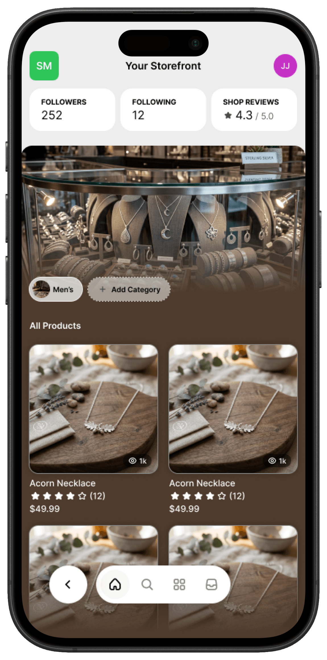 A live student storefront in the Shop app with followers, reviews and products