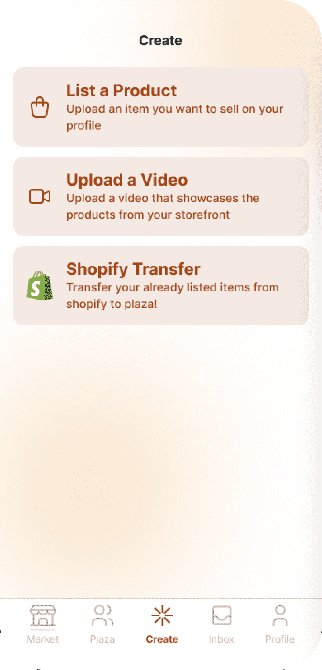 Create menu: list a product, upload a video or transfer from Shopify