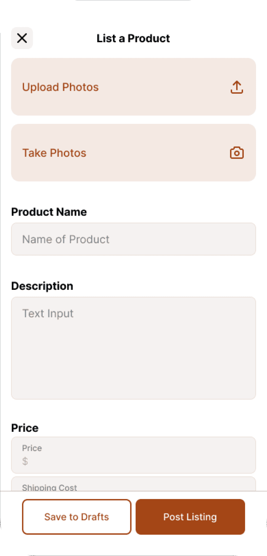 List a Product form with photos, name, description and price