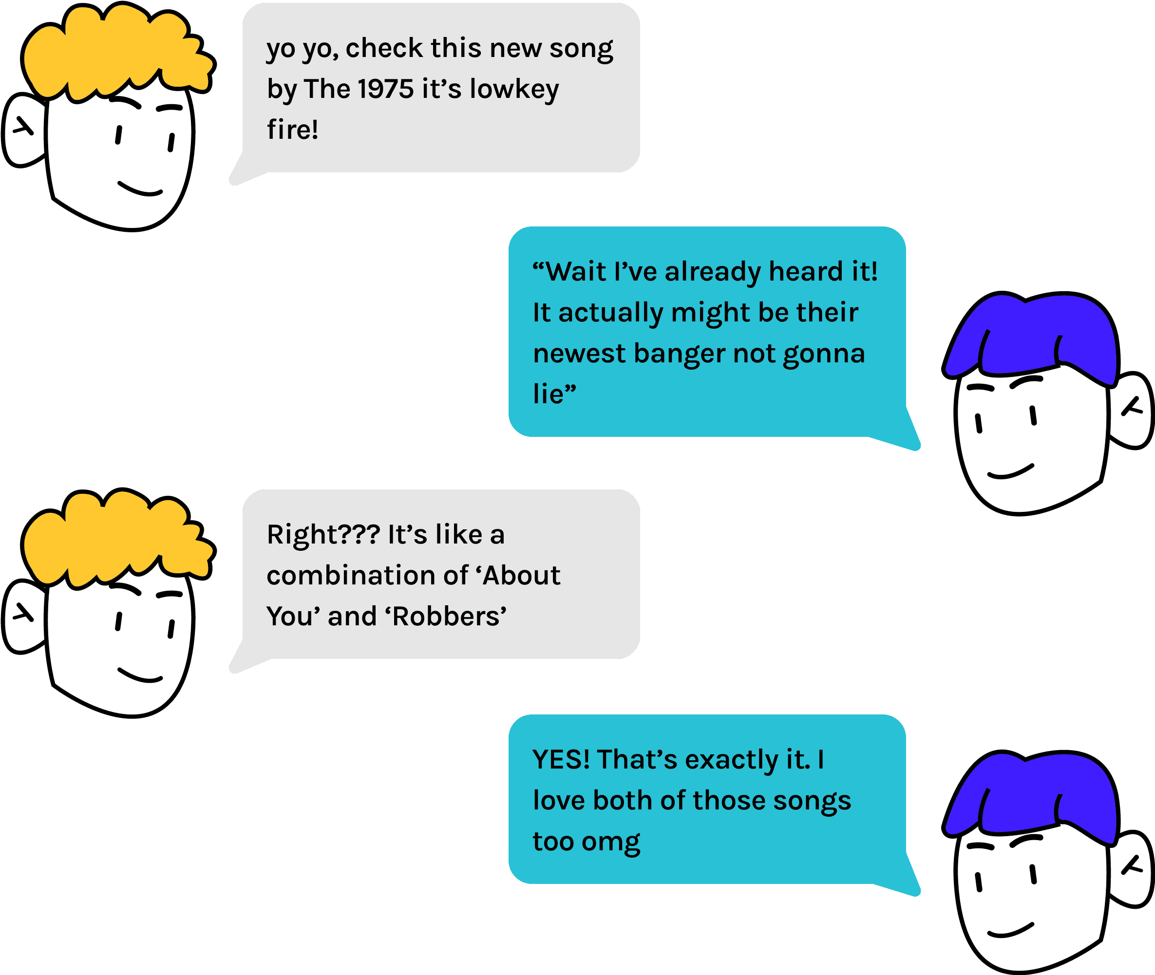 Illustrated conversation between two friends recommending songs to each other and bonding over them