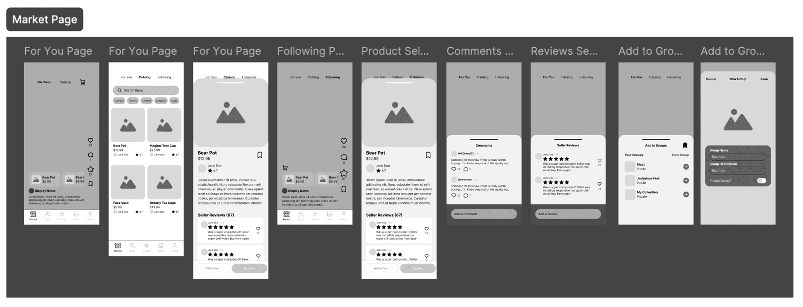 Low-fidelity Market page screens