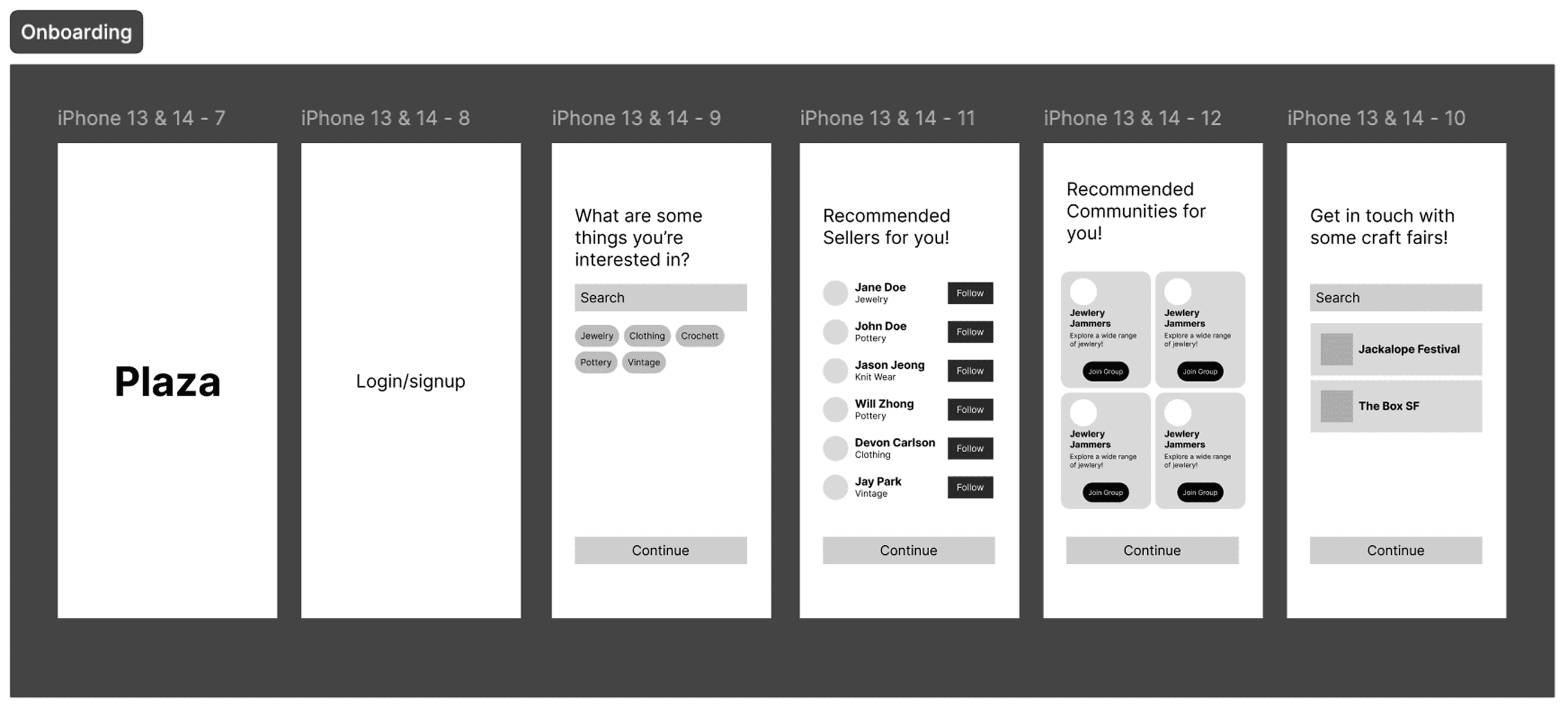 Low-fidelity onboarding screens