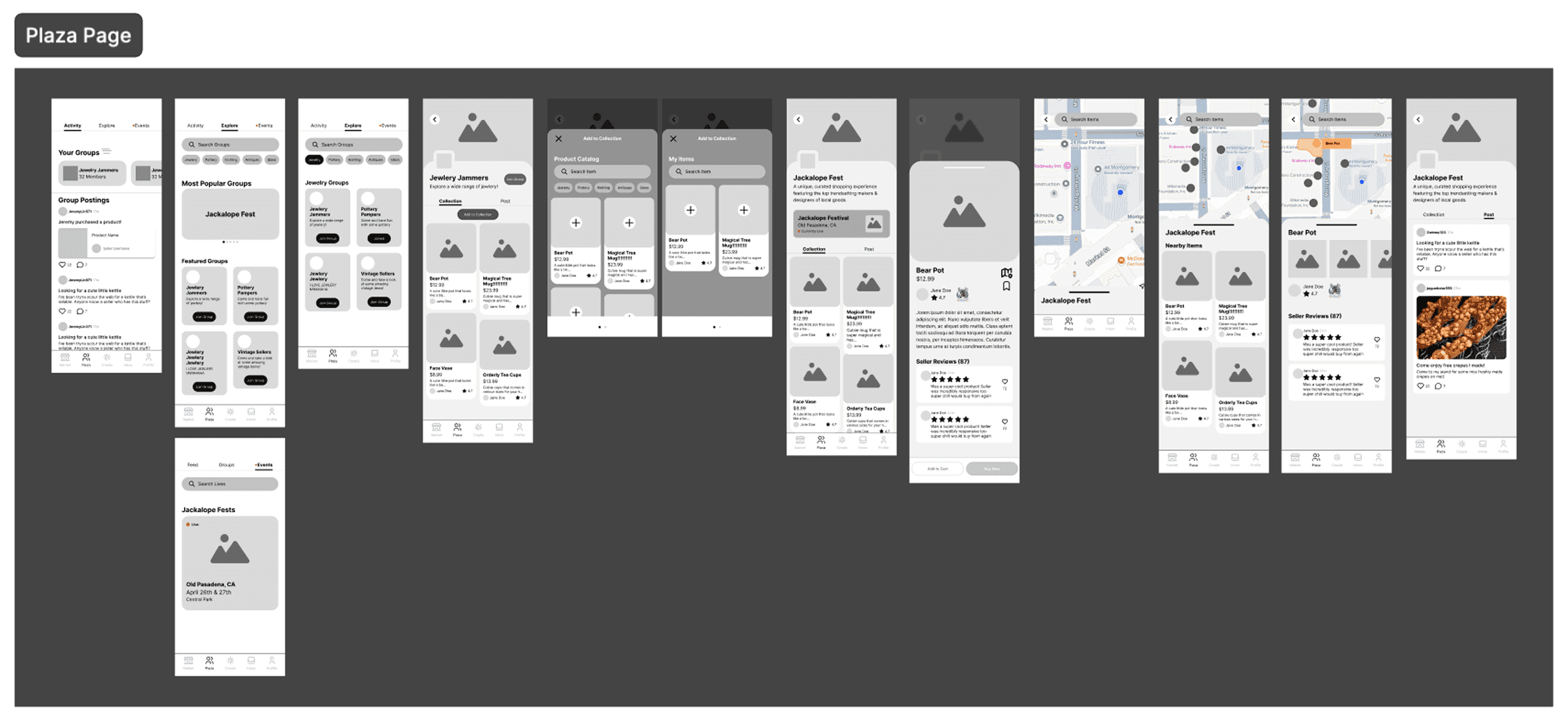 Low-fidelity Plaza page screens