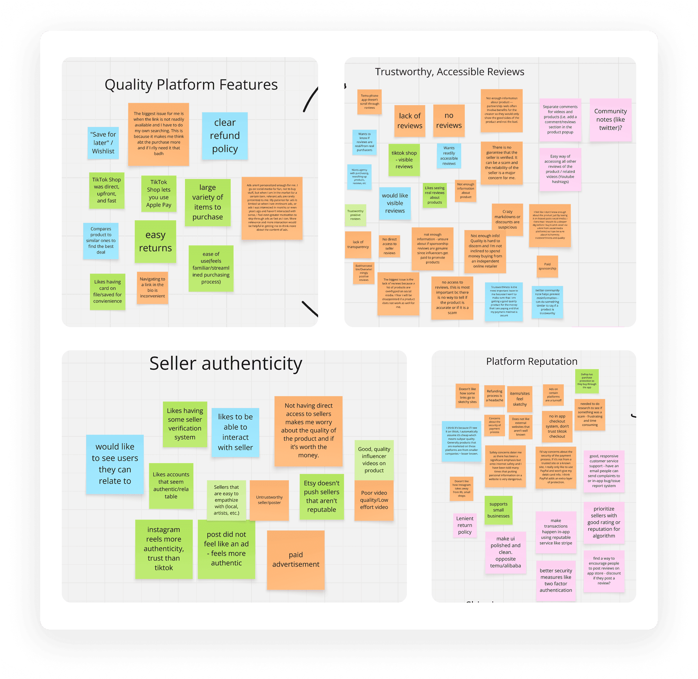 Affinity map of interview notes grouped into quality platform features, trustworthy reviews, seller authenticity and platform reputation