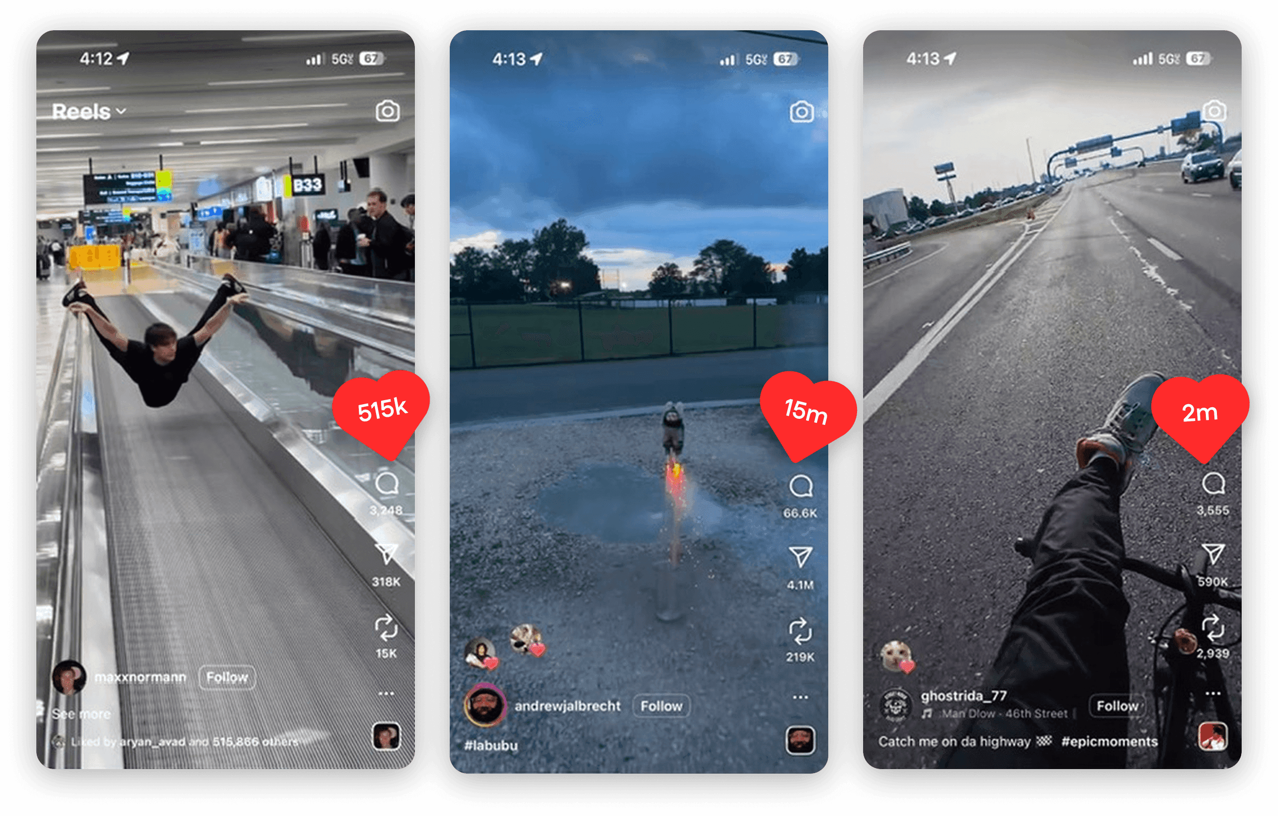 Three viral Reels with hundreds of thousands to millions of likes
