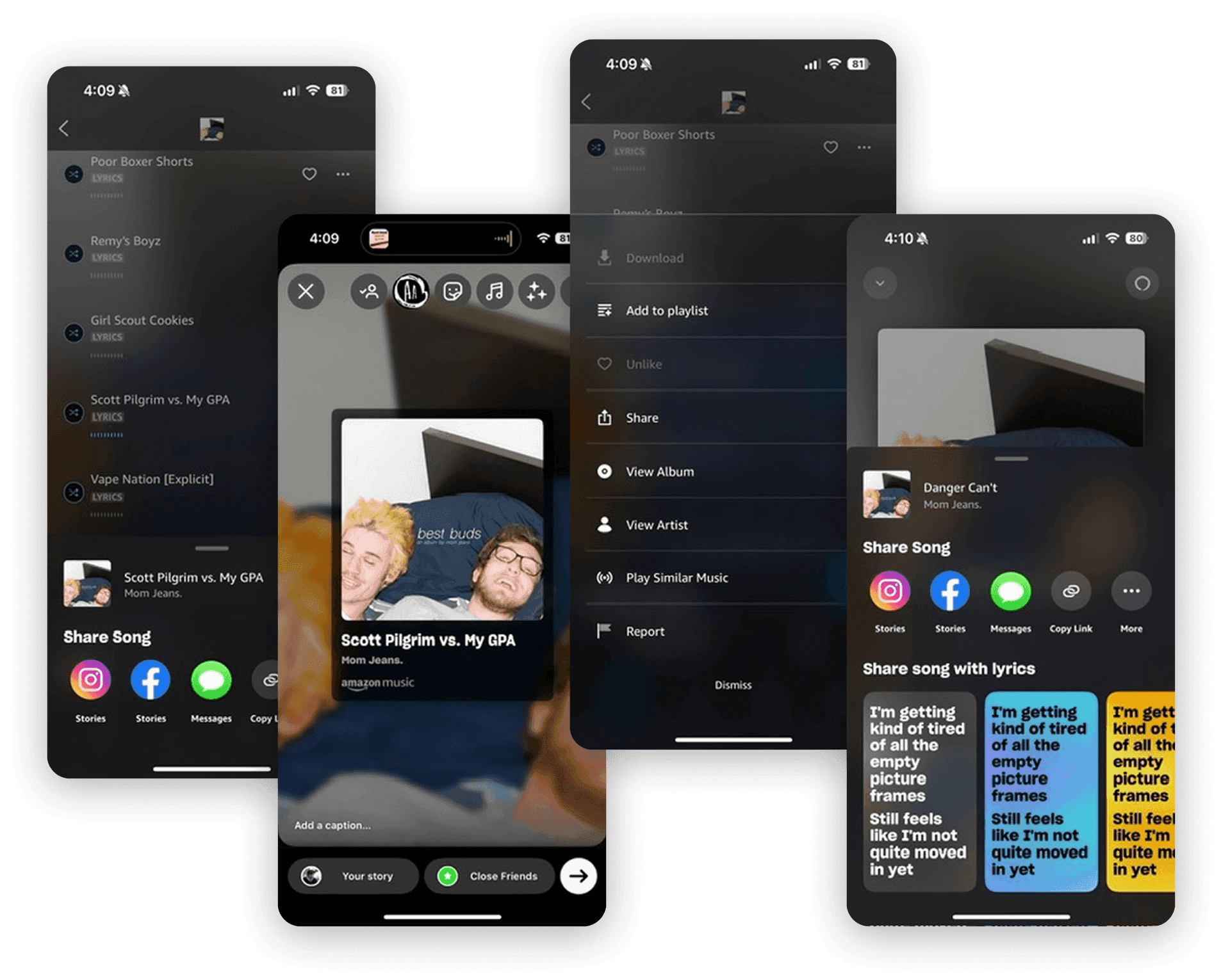 Song sharing flows in current streaming apps: share sheets, story sharing and lyric cards