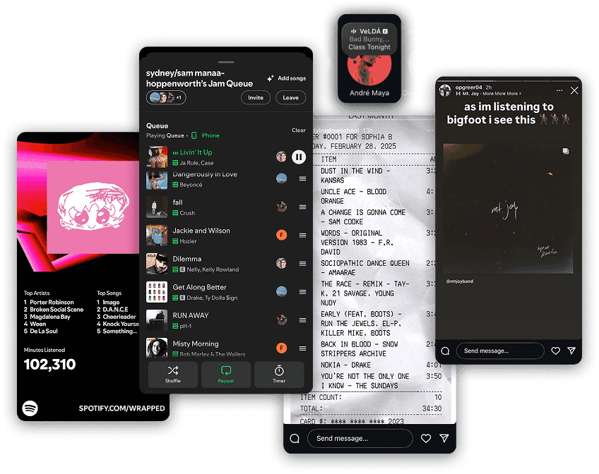 Examples of how Gen Z shares music: Spotify Wrapped, a Spotify Jam queue, a receipt-style top tracks list and a song shared to an Instagram story