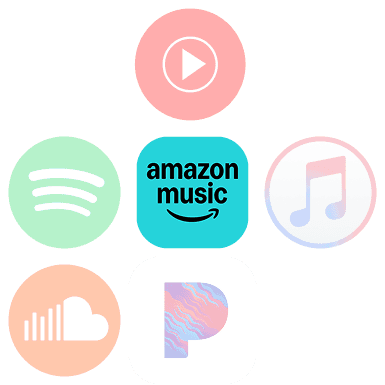 Logos of the streaming platforms compared: YouTube Music, Spotify, Amazon Music, Apple Music, SoundCloud and Pandora