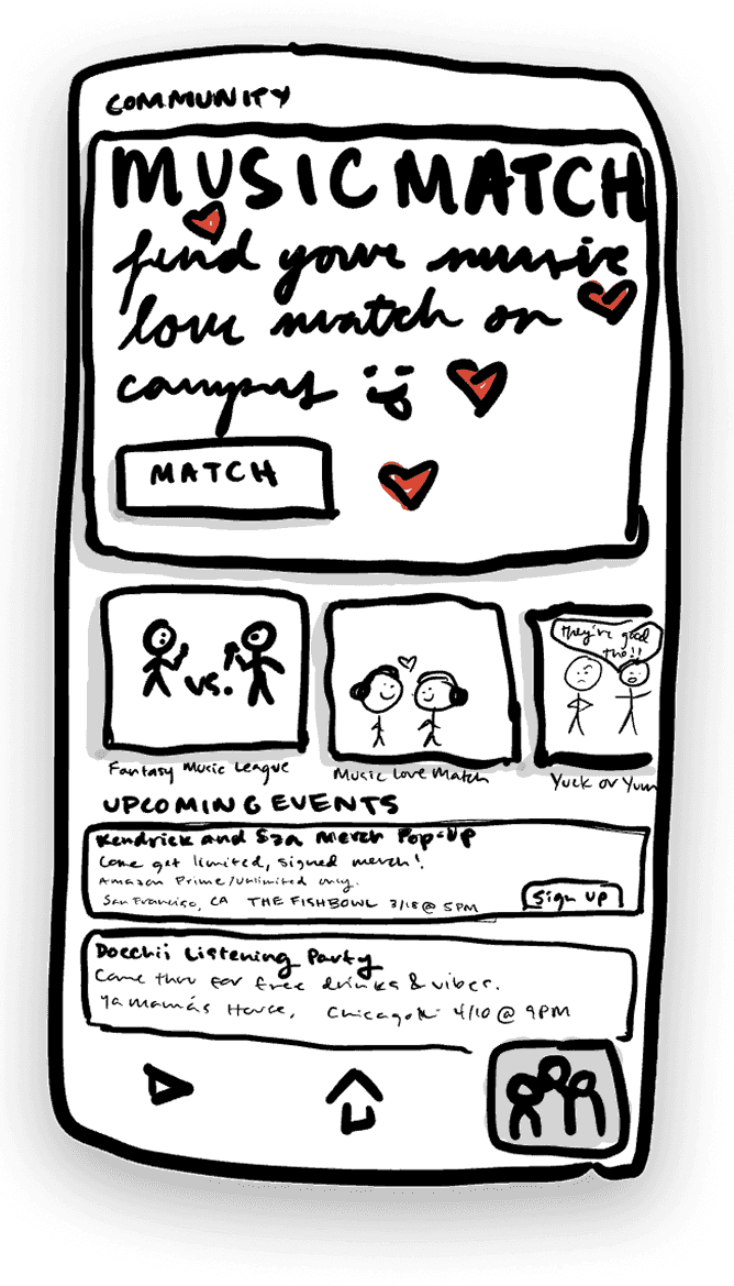 Hand-sketched community page with a Music Match banner and upcoming event listings