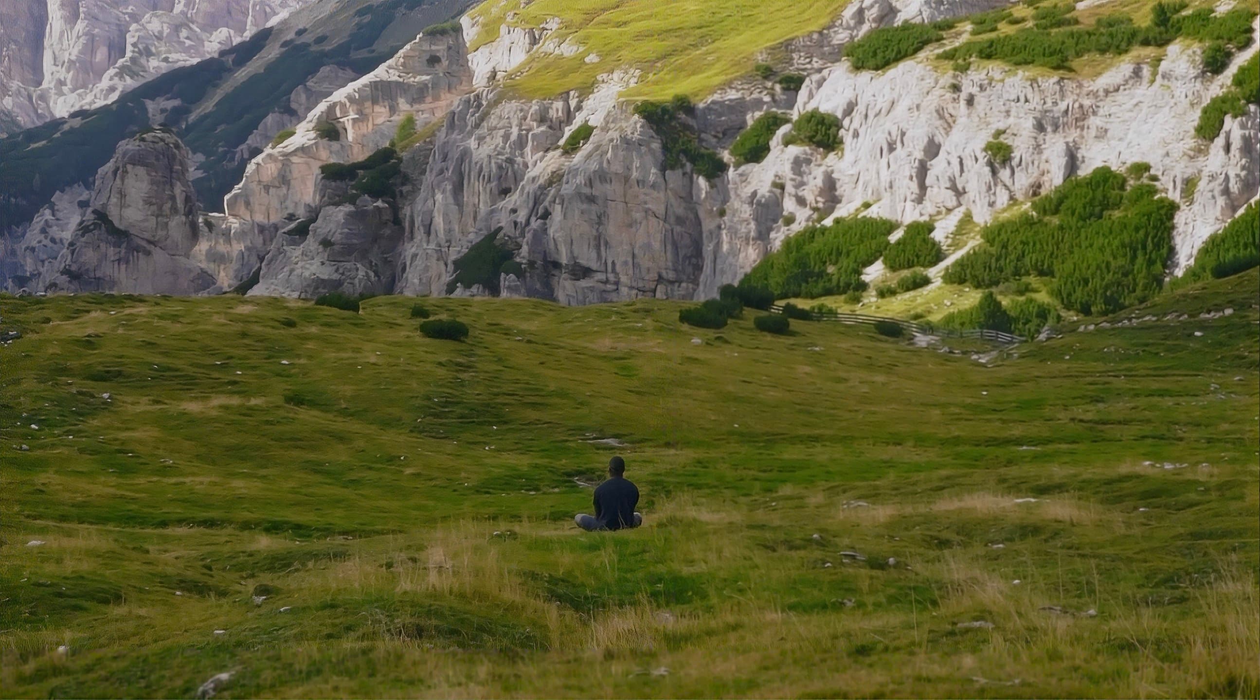 A person sitting in a green alpine meadow below limestone cliffs